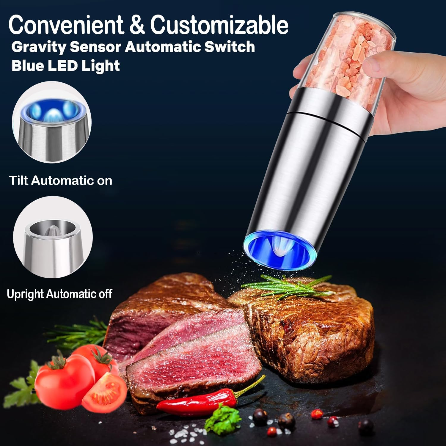 Chef Power High-Quality Gravity Electric Salt and Pepper Grinder with Cleaning Brush - Battery-Operated, Stainless-Steel Pepper Mill - LED Light, Automatic Salt and Pepper Grinder &ndash; 2 Set (Silver) image number 1