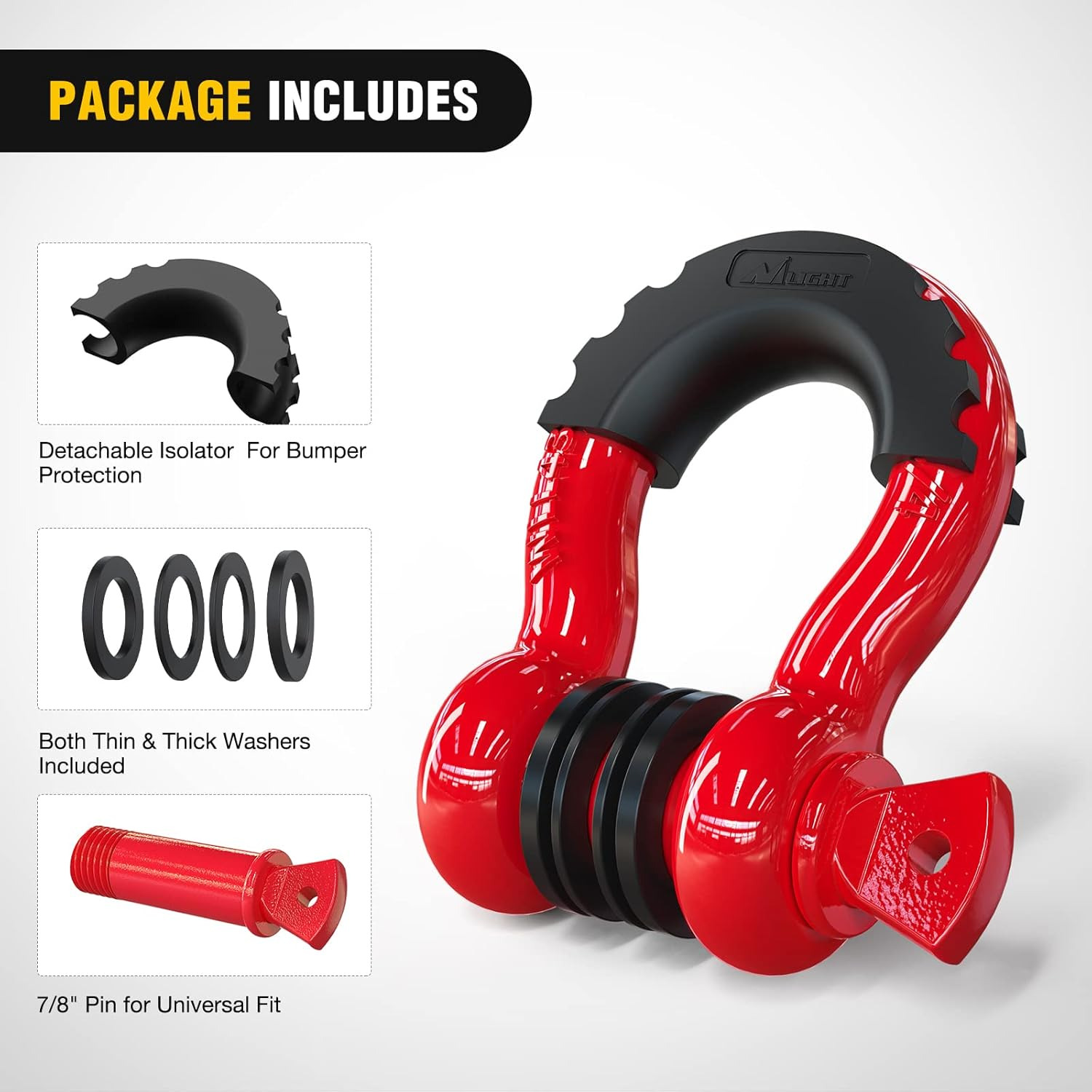 Nilight 2 Pack 3/4" D-Ring Shackle 4.75 Ton (9500 Lbs) Capacity with 7/8" Pin Heavy Duty off Road Recovery Shackle with Isolators & Washer Kit for Jeep Truck Vehicle, Red (90053B) - 1/2" Shackles 2Pcs image number 7
