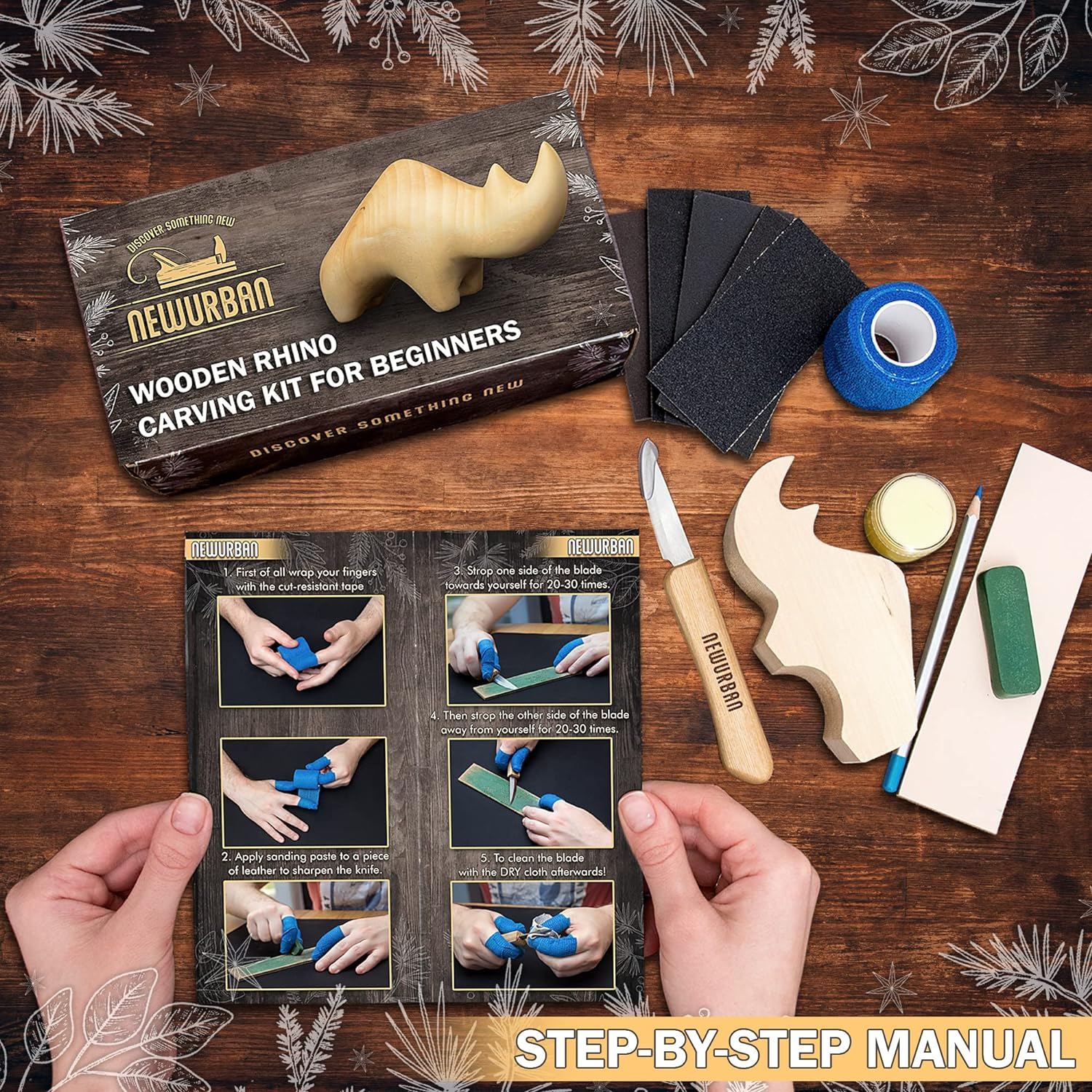 Wood Carving Kit for Beginners - Whittling Kit with Rhino - Linden Woodworking Kit for Kids, Adults - Wood Carving Stainless Steel Knife with Wooden Handle-Rhino Shaped Linden Blank image number 4