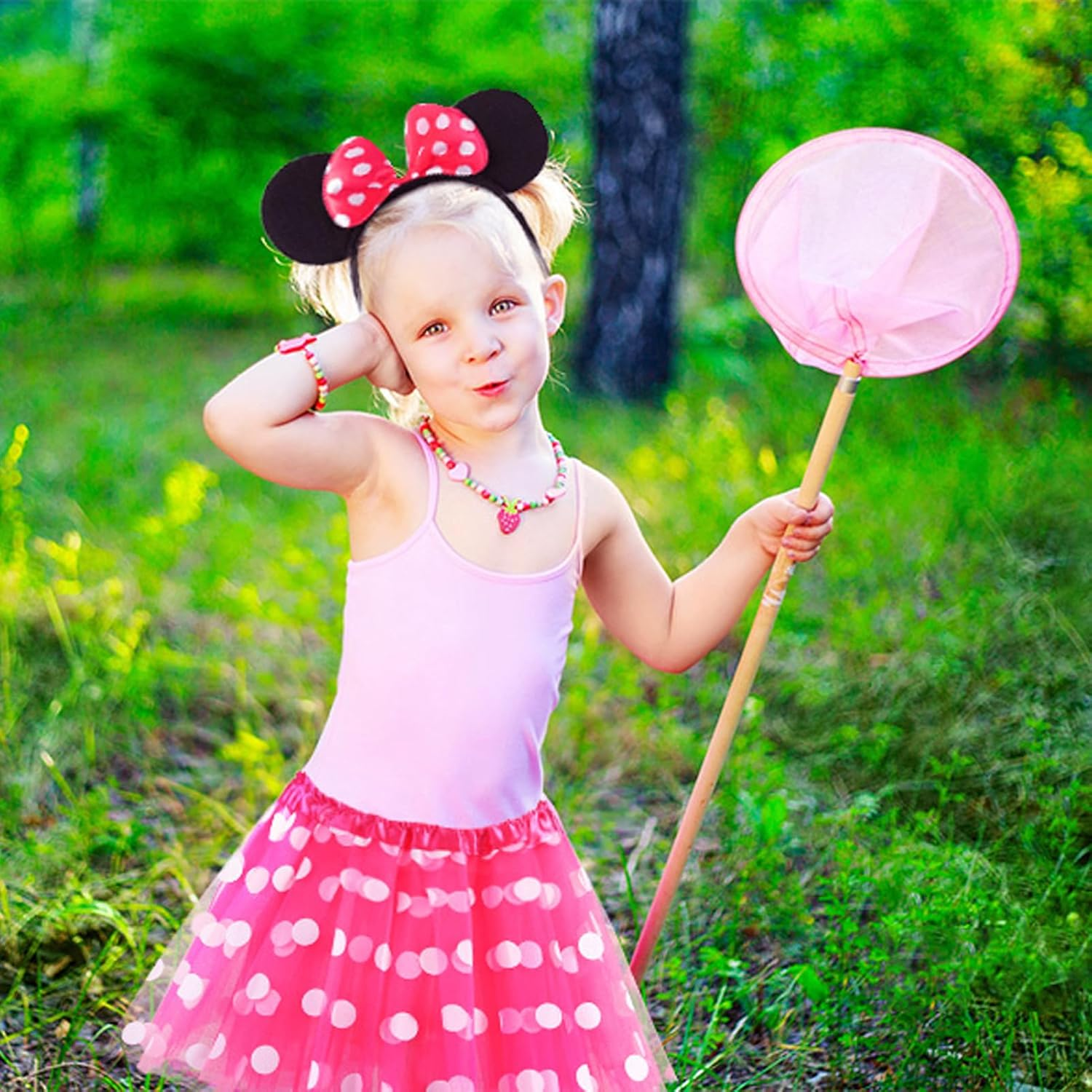 Minnie Mouse Costume Kit Women Girls, Pink Minne Polka Dots Tutu Dress Mouse Ear Headband Christmas Halloween Fancy Dress for Adult Kids image number 4