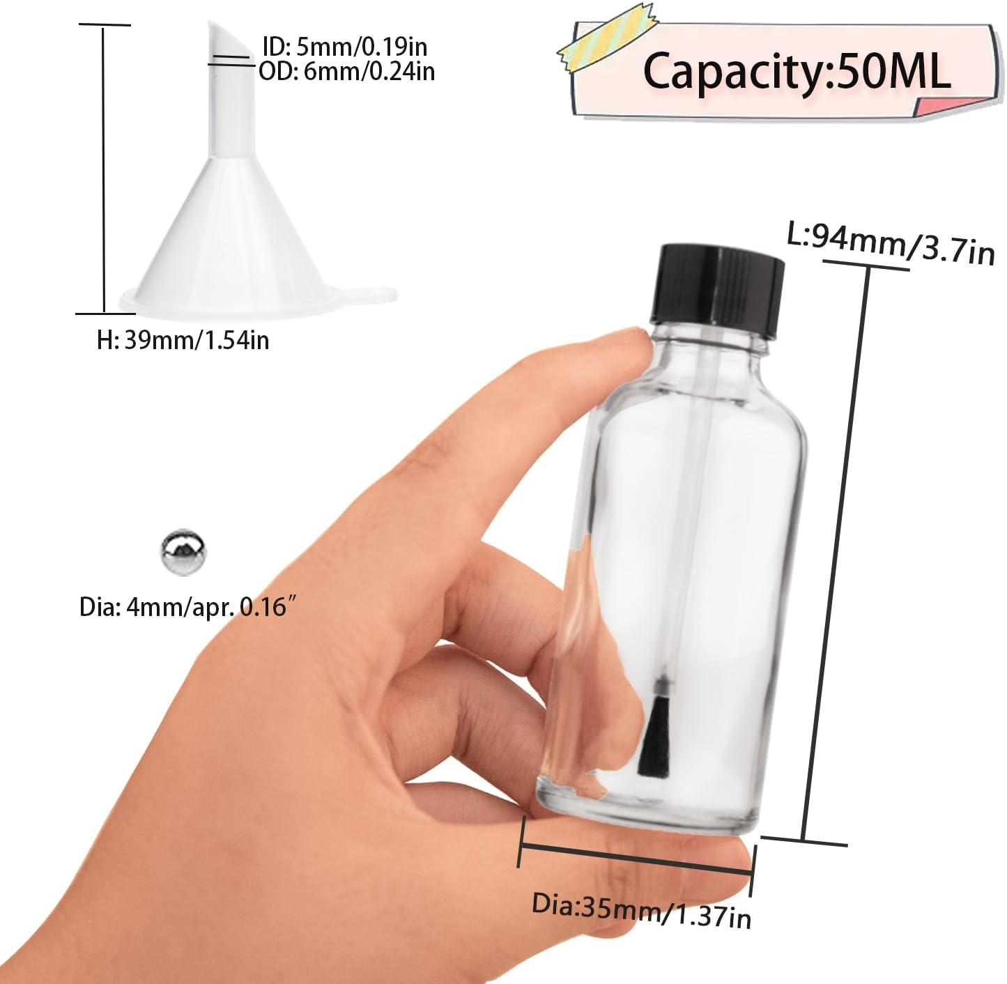 Agidea 6PCS Large Empty Nail Polish Bottles with Brush,Refillable Glass Cuticle Oil Bottles Travel Containers with Funnel & Mixing Balls for DIY Nail Art Cuticle Oils (50ML) image number 1