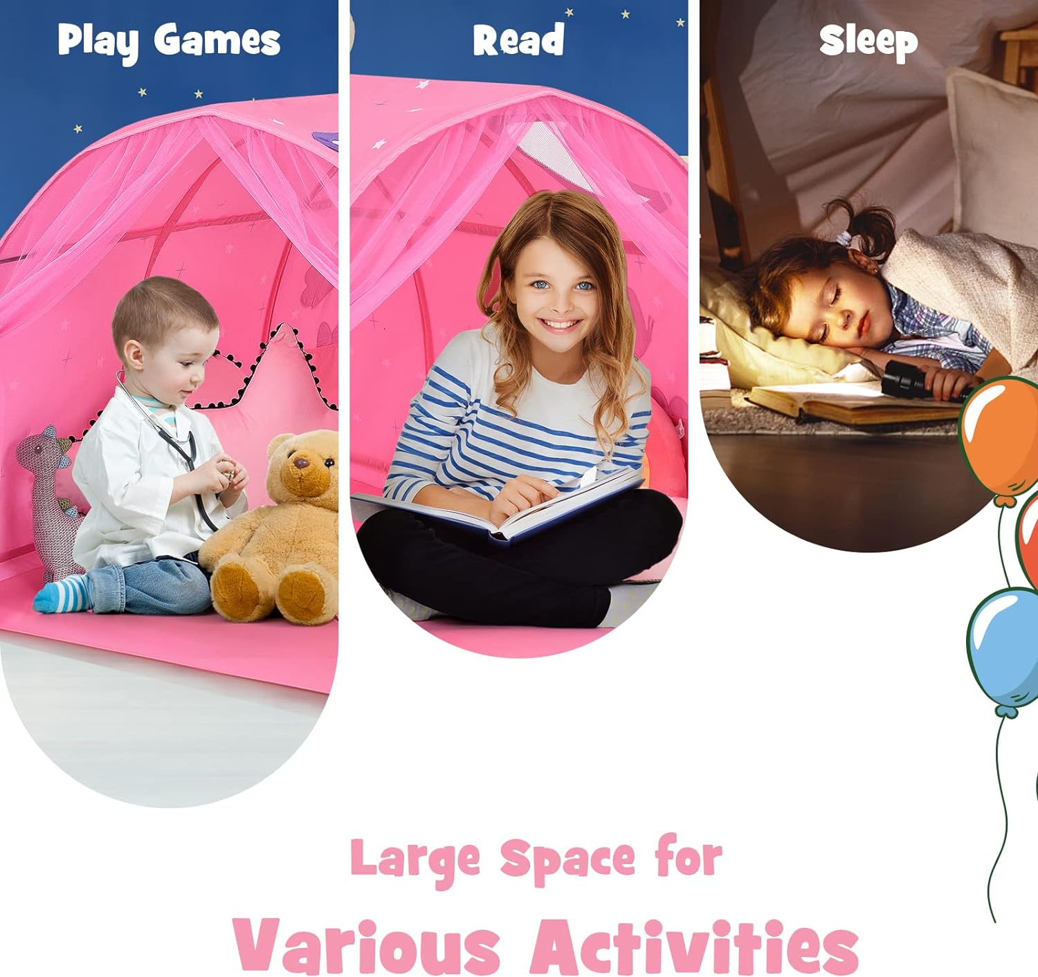 HONEY JOY Kids Play Tent, Portable Bed Tent for Children W/Double Mesh Curtain, Carrying Bag, Bed Tunnel Tent Playhouse for Bedroom, Living Room, Indoor Games, Sleeping Play Tents for Boys Girls, Pink image number 4