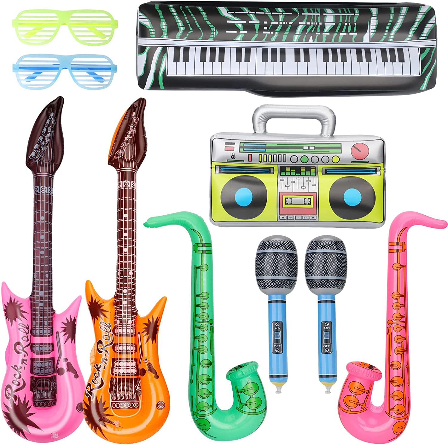 LNCOJOLM Inflatable Musical Instrument Props, 10Pcs: Guitars, Saxophones, Microphones, Boom Box, Glasses - Music Theme Balloons for Kids, Unisex - Children'S Party & Event Decoration image number 1