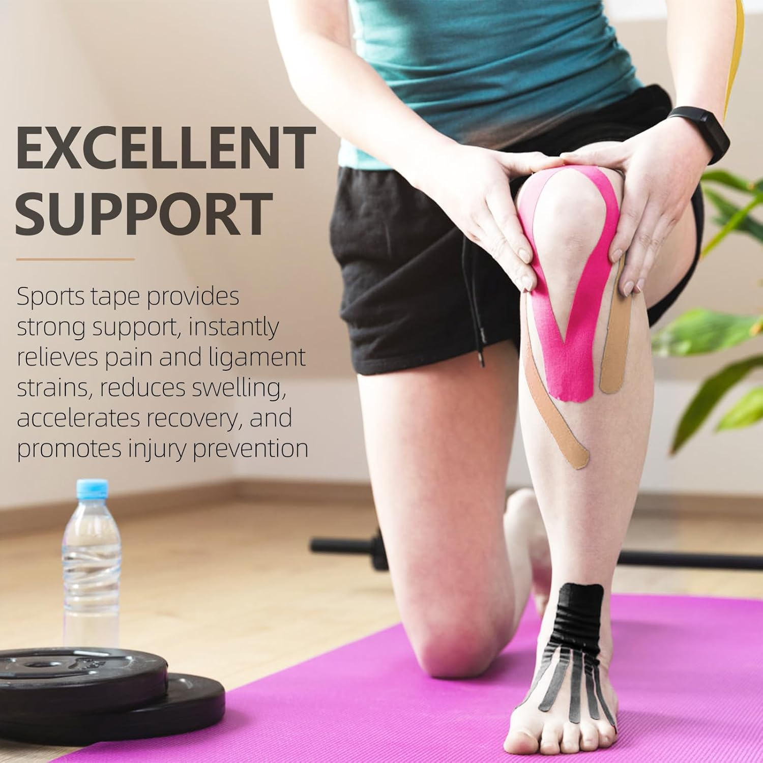 2 Rolls Kinesiology Tape for Knees, 2In&times;16.4Ft Roll Athletic Tape for Elastic Muscle Support, Waterproof Physio Tape for Relieve Muscle Soreness and Injury for Shoulder, Ankle, Face Tape, Skin,Beige image number 2