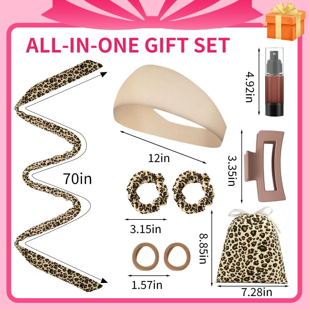 AOOWU Overnight Curlers, 9 Pieces Velvet Heatless Overnight Curls with Headband Curls Band for Sleeping, Band Curls without Heat, 70 Inch Hair Rollers DIY for Long Medium Hair, Leopard Print