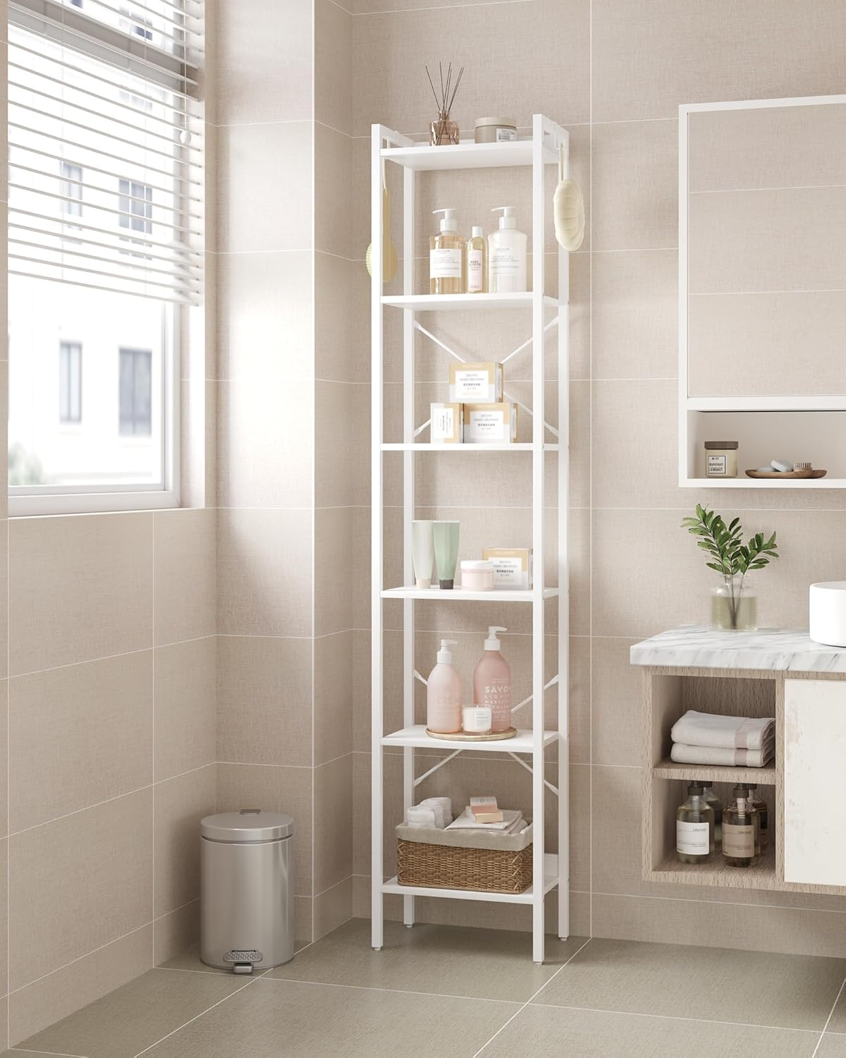 Hzuaneri Bookshelf, Book Shelf, Industrial Bookcase with 2 Hooks, Coner Shelf Storage Organizer for Home Office, Living Room, Bedroom, Kitchen, 6-Tier White BC10713W image number 3