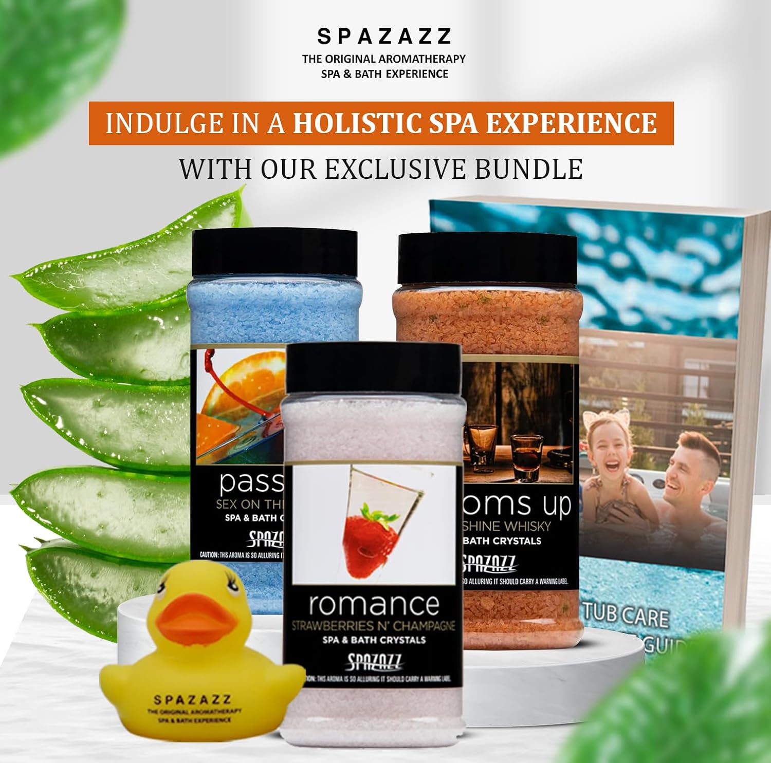Spazazz Hot Tub Aromatherapy Set the Mood Gift Bundle &ndash; Three 17 Oz Bath Salts in Bottoms Up, Passion & Romance with Rubber Duck & Hot Tub Care Ebook