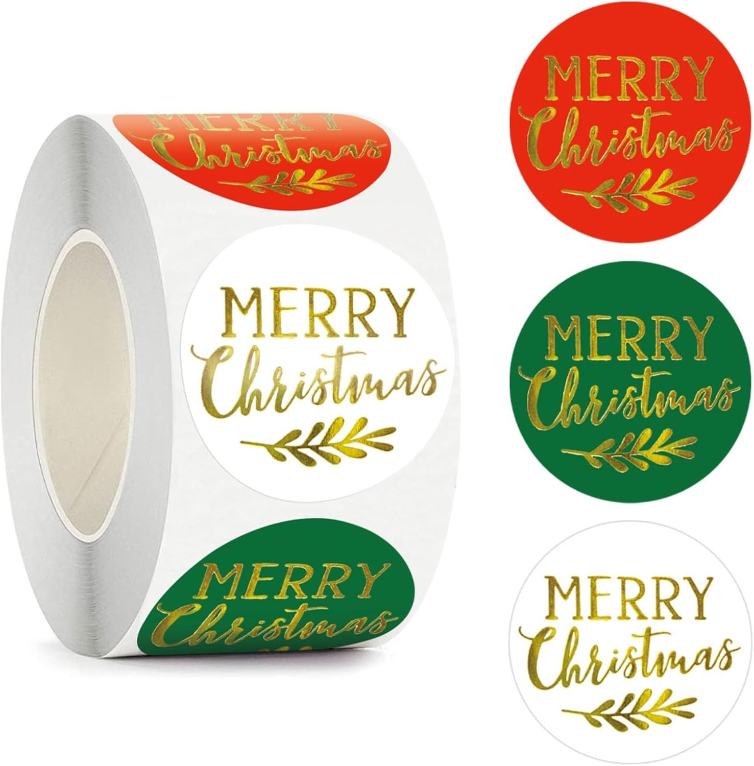1 Roll Gold Foil Merry Christmas Stickers, Red, Green & White Envelope Seal Labels for Gift Wrapping, Holiday Cards, and Party Decorations image number 2