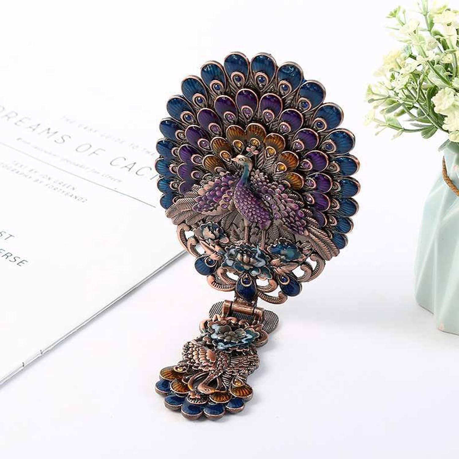 Nerien Women'S Antique-Style Foldable Metal Phoenix Cosmetic Mirror Peacock Vanity Mirror Portable Handle Mirror Copper - Copper-1 image number 4