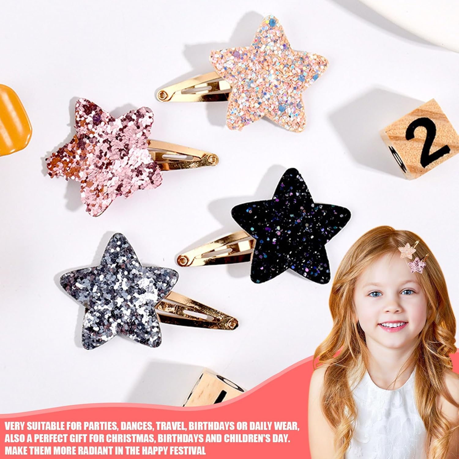 Star Hair Clips,16Pcs Metal Snap Hair Barrettes,Sparkly Hair Pins Girls Hair Accessories for Women Girls Toddler Party Birthday Gift Supplies image number 4