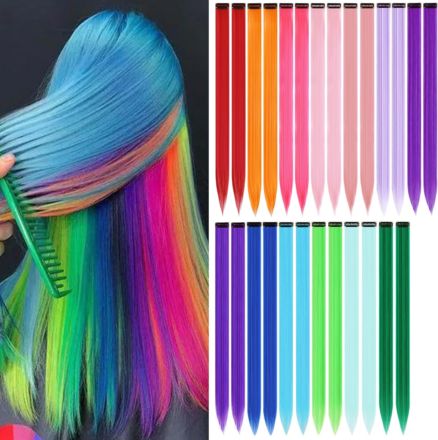 26Packs Colored Clip in Hair Extensions, POIUNA 20Inch Rainbow Straight Color Clip in Hair Extension for Kids Girls Party Highlights Synthetic Hairpiece for Girls (13 Colors) image number 3