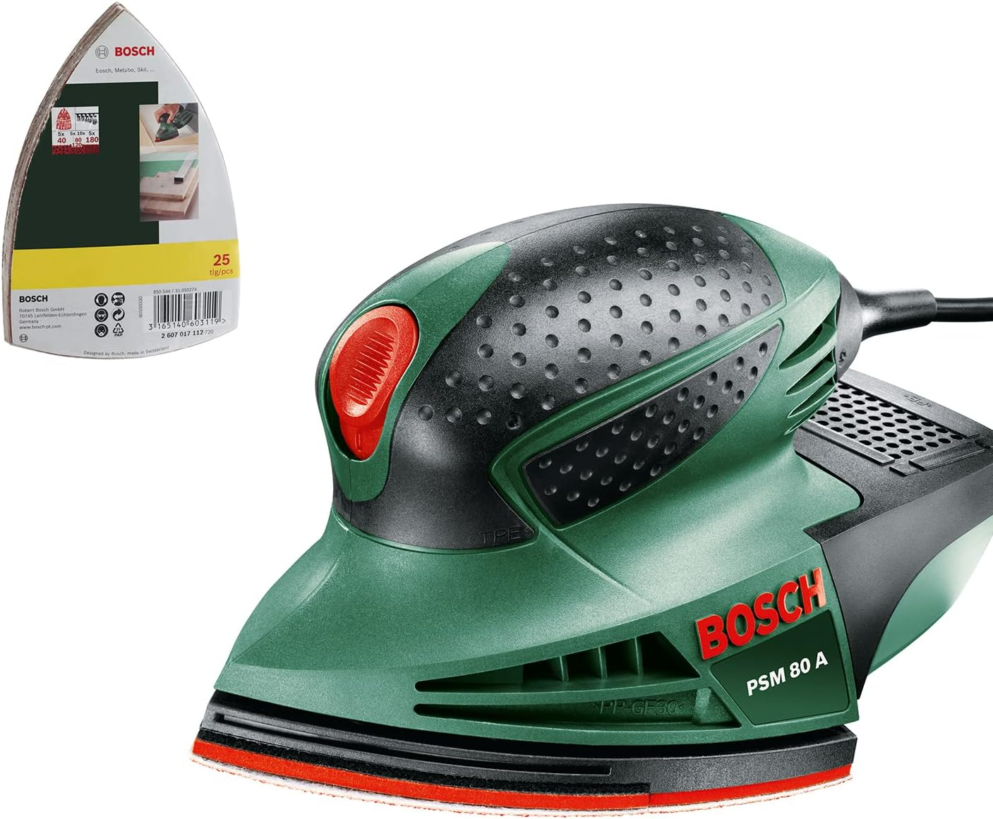 Bosch Home & Garden 80W Electric Multi Detail Palm Sander Kit, Includes 3 X Sanding Sheets (PSM 80A). Made in Europe image number 3