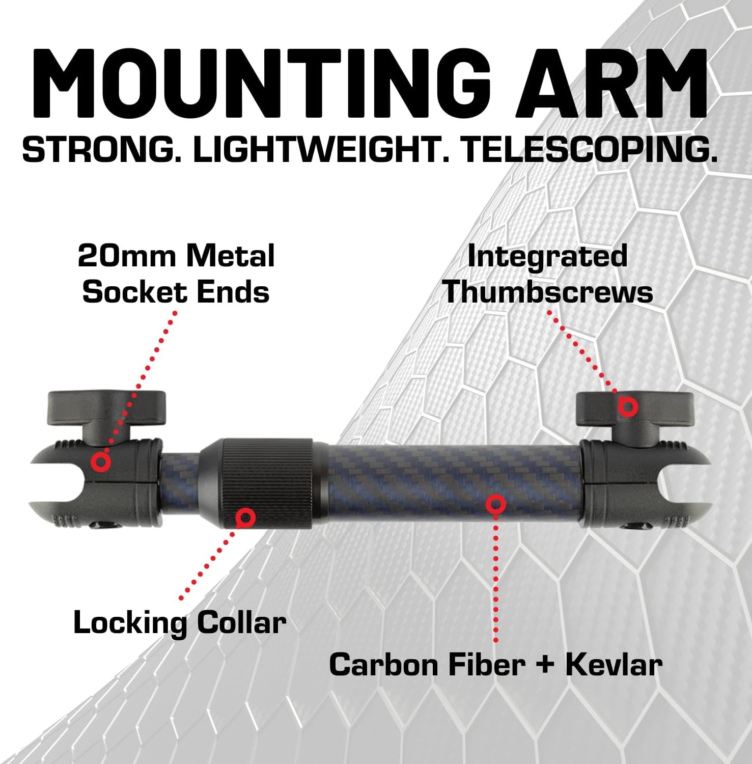 Bulletpoint Mounting Solutions Extension Arm 8"-10.5" Carbon Fiber + Kevlar Telescoping Dual Socket Fits 20Mm Attachment Ball
