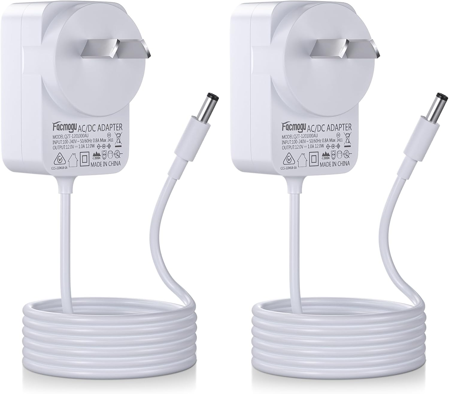 Facmogu 2Pack DC 12V 1A Power Supply 1000Ma 12W AC/DC Adapter, SAA EESS Certified 100~240V AC to DC 12 Volt 1 Amp Converter with 5.5 X 2.5Mm 2.1Mm Plug for LED Strip Light CCTV Security Camera - White image number 4