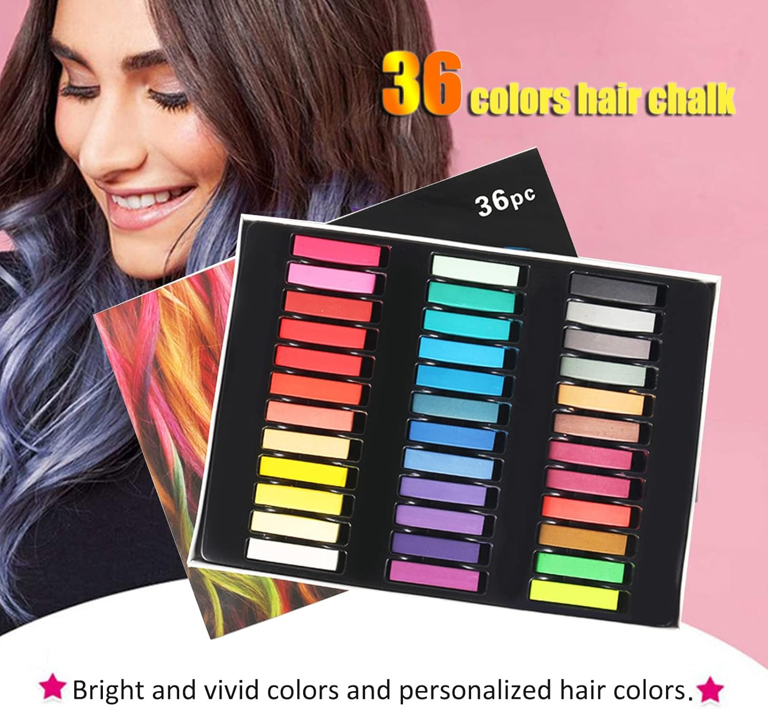 Joyeee Hair Chalk for Kids, Blue Hair Chalk, 36 Colors Deluxe Black Green Brown Gray Red Blonde Purple Pink Hair Chalk, Gifts Idea for Daughter, Friends and Sister, Toxin-Free image number 4