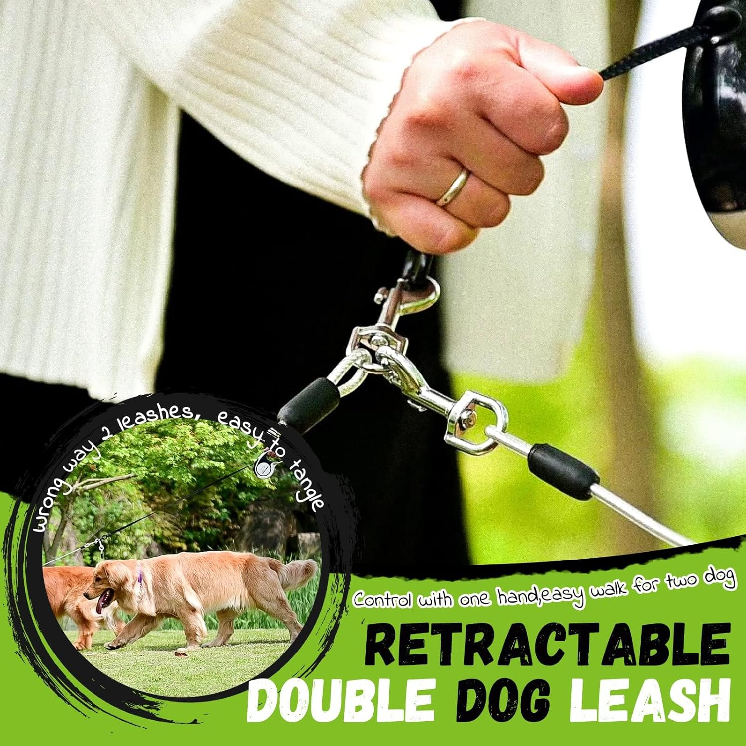 EXPAWLORER Retractable Double Dog Leash - Chew Proof, 2 No Tangle Strong Wire Ropes, 16 Ft Heavy Duty Walk Leash for Medium & Large Dogs (Black & White) image number 3