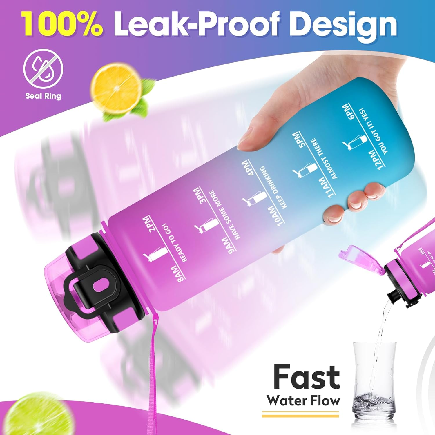 Water Bottle 500 Ml, Water Bottle with Time Marking, Water Bottle with Filter, Leak-Proof, Bpa-Free, Sports Bottle for Fitness, Bike, Office, School, Outdoor, Yoga, Adults, Suitable for Sparkling image number 3