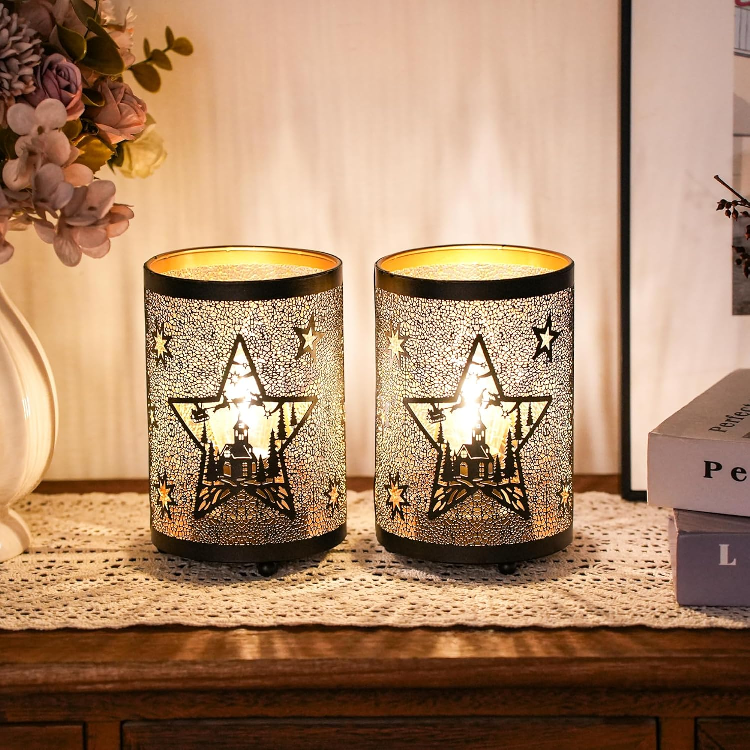 TRIROCKS Set of 2 Metal Table Lamp, Decorative Lantern with Cutout Star & Castle Design for Home, Living Room, Garden, Yard, Party, Events, Tabletop, Indoor（Black） image number 6