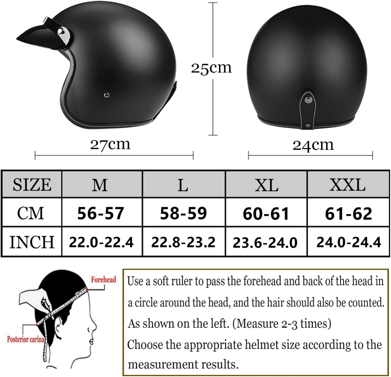 3/4 Open Face Motorcycle Helmet Retro Jet Motorbike Protective Helmet DOT Certified Half-Covered Helmet for Men Women Scooters Outdoor Off-Road ATV Matte Black,Xxl image number 6