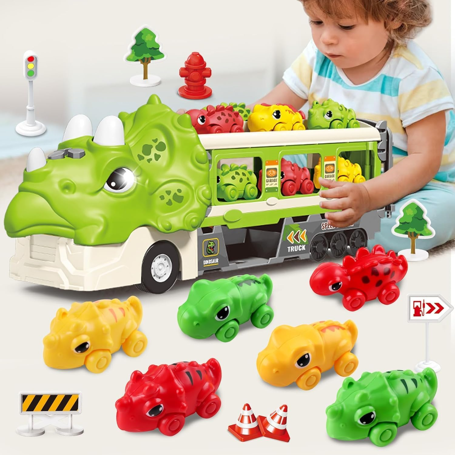Dinosaur Hauler Truck with Ejection Race Track,1 Toy Triceratops Dinosaur Transport Carrier Truck with 6 Dinosaur Car Vehicles,Car Toys Playset with Lights Sounds,Kids Gifts image number 3
