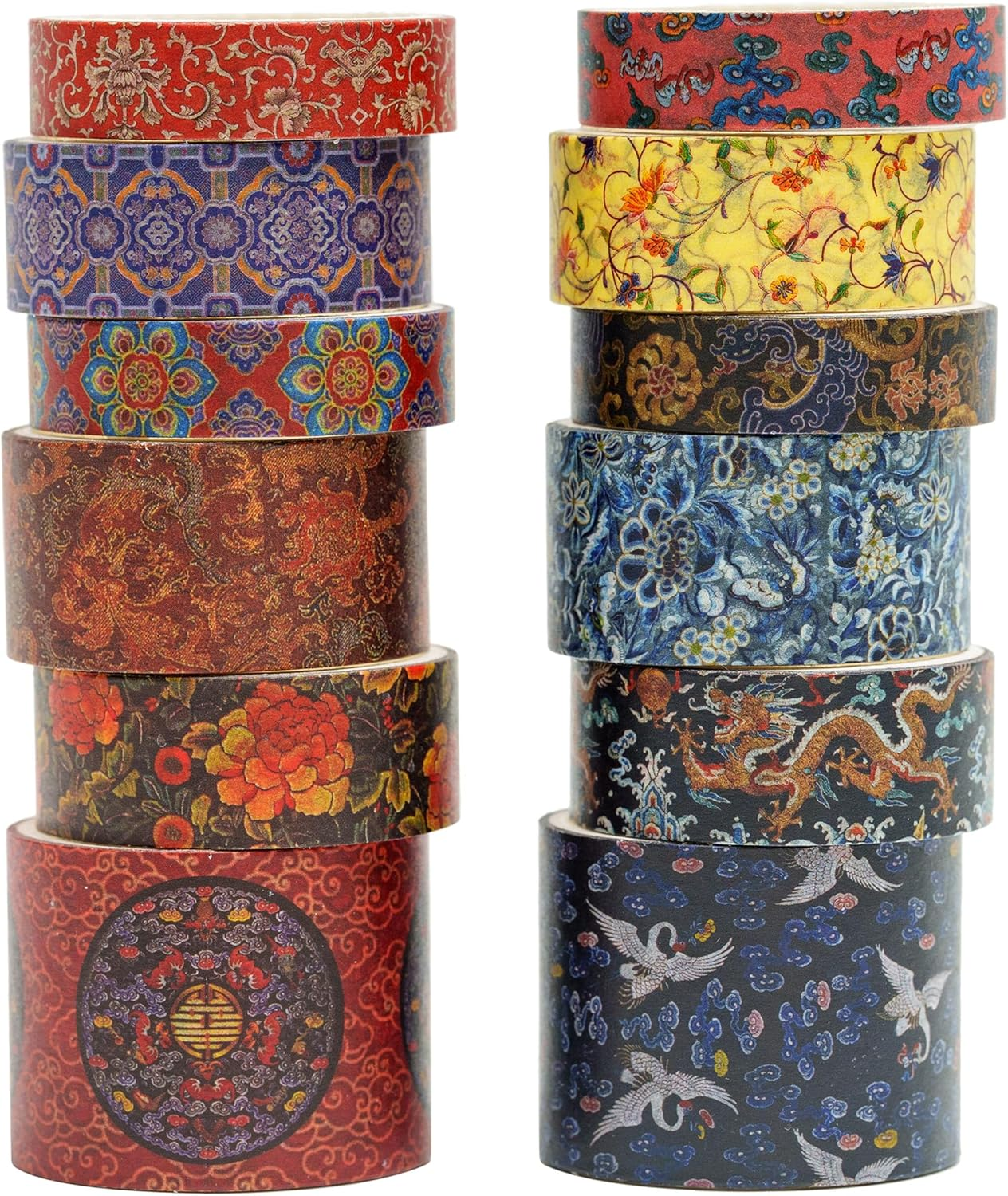 Songdao 12 Rolls Chinoiserie Washi Tape Set Chinese Arts Adhesive Tapes Geometric Garden Decorative Masking Tape Sets for Craft, Kids, Scrapbook, DIY, Gift Wrapping (Whispers of Dragon)