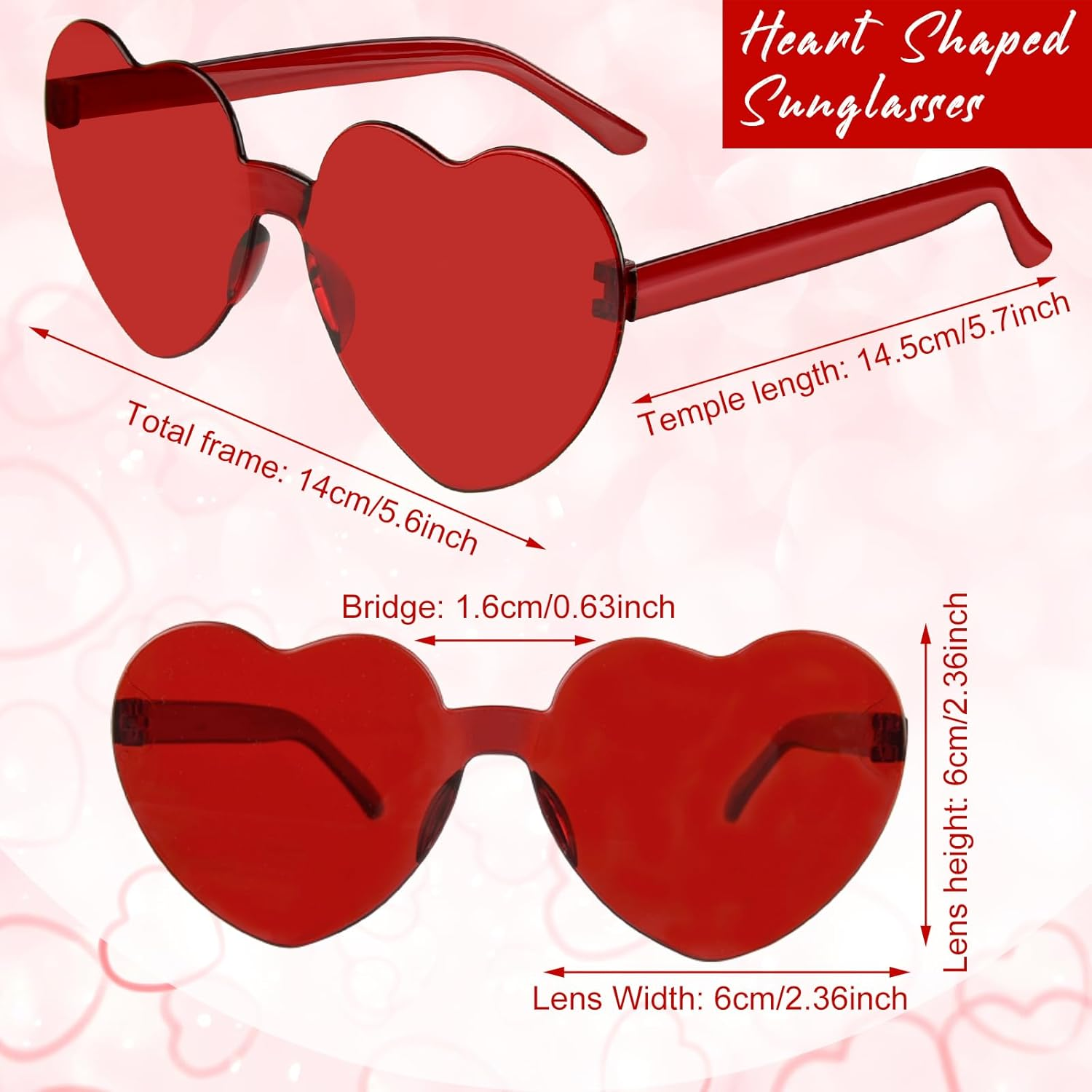 BOUBONI 14 Pack Heart Shaped Sunglasses for Women Rimless Heart Glasses Bulk Mardi Gras Candy Color Sunglasses for Party - Red image number 3