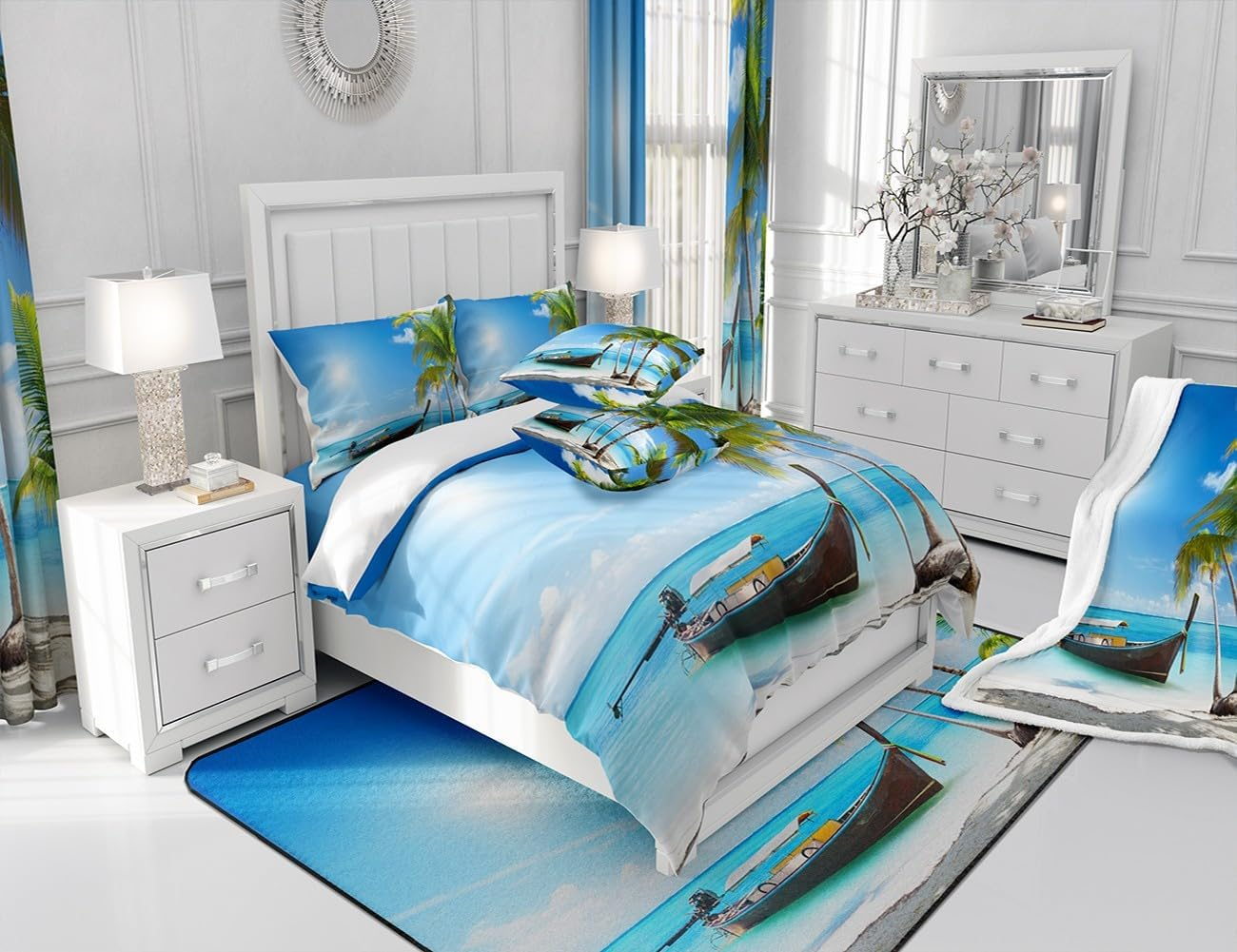 100% Cotton Ocean Comforter Cover 135 X 200 Cm, Hawaii Beach Decor Bedding Set for Children Adults, Tropical Plam Tree Duvet Cover Summer Bed Linen, Retro Sailing Boat Quilt Cover with 1 Pillowcase image number 5