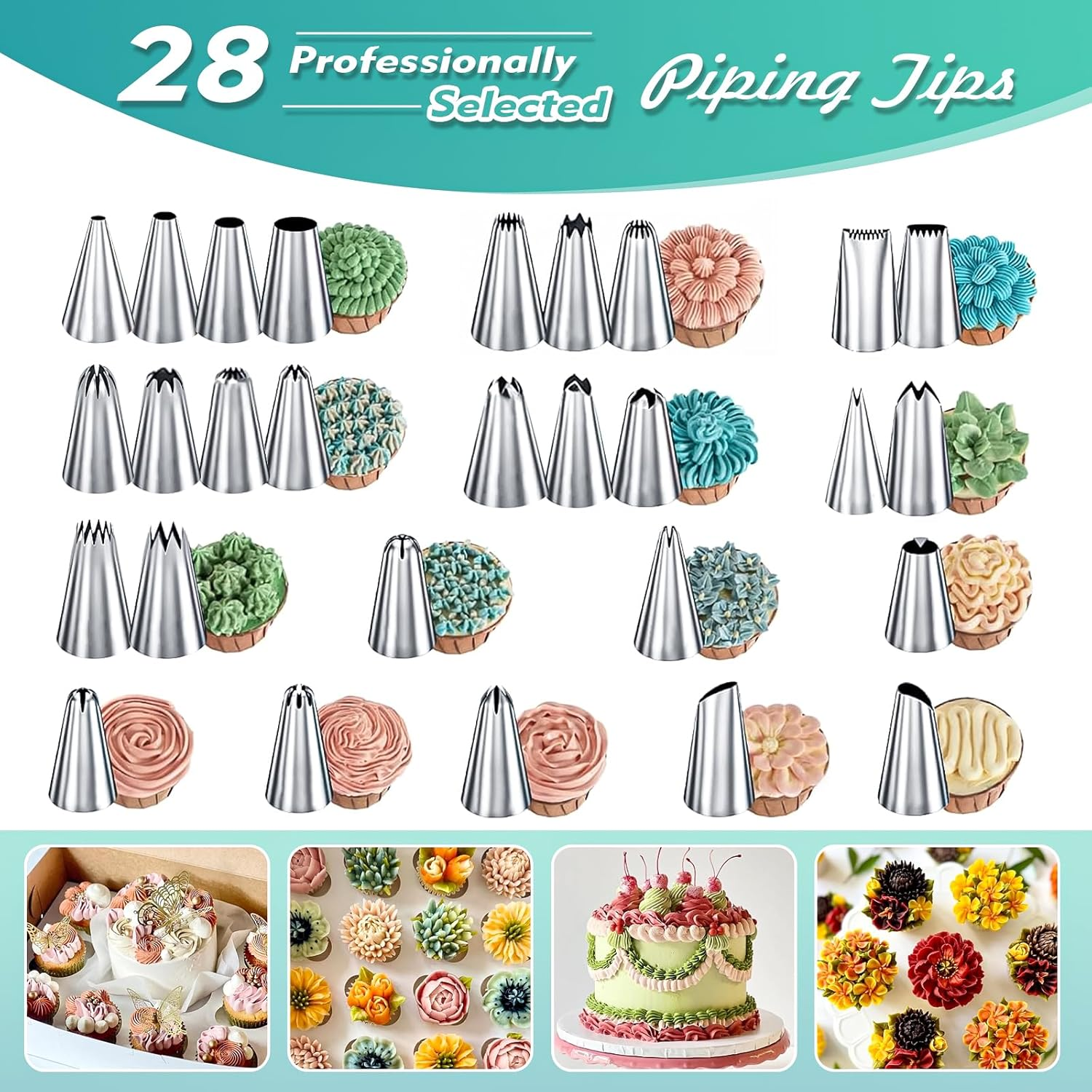 Cake Decorating Kit - 11-Inch Rotating Cake Turntable, 28 Piping Tips, 2 Icing Spatulas & 3 Scrapers, 20 Piping Bags and Other Cake Decorations, 62Piece Complete Set for Beginners