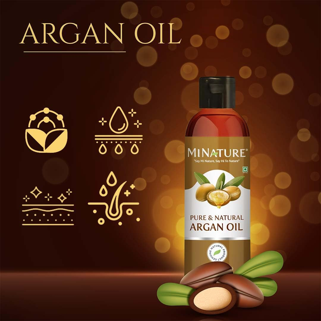 Mi Nature Argan Oil | No Mineral Oil & Silicones | Light & Non-Sticky Oil | for Dry Hair & Skin | Frizz-Free | No Artificial Colours, Flavor, Additives or Preservatives | Vegan, | 100Ml (3.38 Fl Oz)