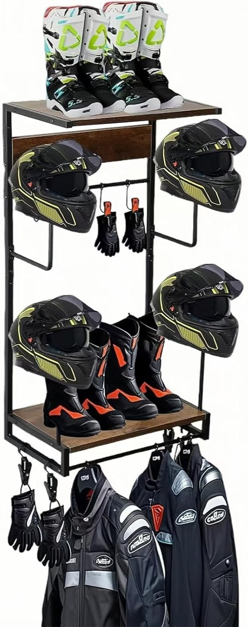Motorcycle Helmet Holder Wall Mounted, Helmet Holder Wall Mount with Helmet Rack, 4 Glove Chips and 10 Hooks, Rustic Helmet Holder and Motorcycle Helmet Rack for Most of Helmet and Clothes image number 1
