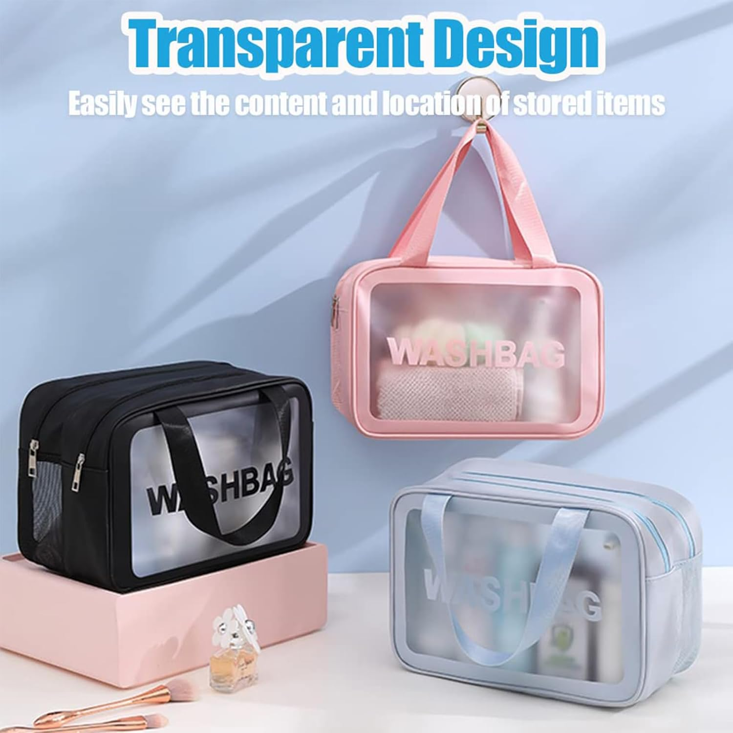 QAUARUMSUN Travel Toiletry Bag, Large Clear Makeup Bags, 2 in 1 Cosmetics Bag, Transparent Skin Care Bag for Toiletries,Waterproof PVC Thickened Wash Bag for Women Men(Black) image number 5