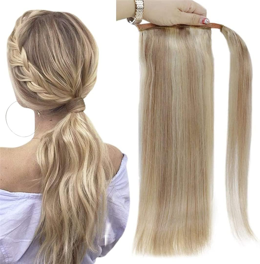 Ponytailtail Human Hair Straight Wrap around Ponytailtail Clip Brown Ponytailtail 70Grams No Claw Clip 18P613 12 Inches 70G image number 1