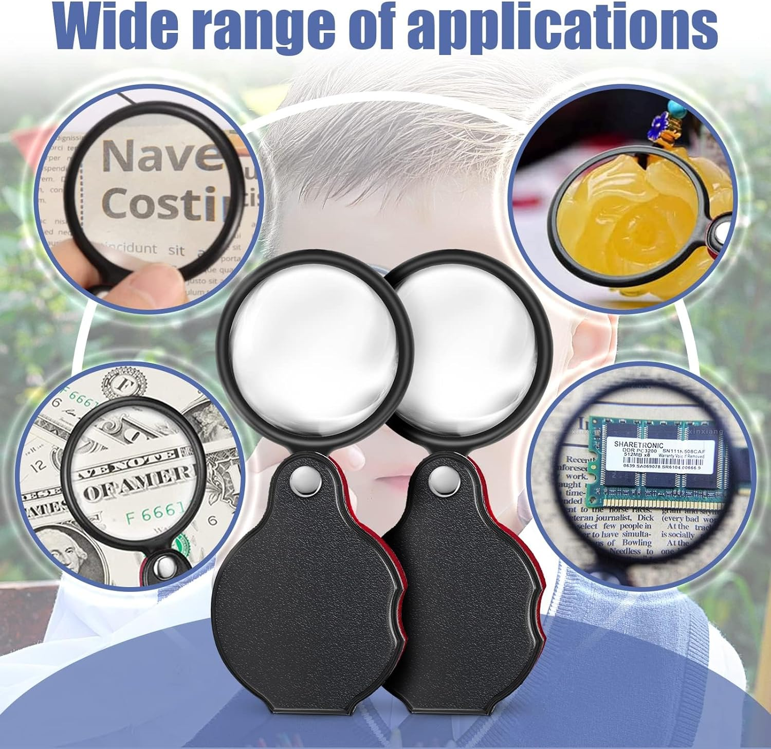 Magnifying Glass, 2 Pcs 8&times; Pocket Magnifying Glass with Rotating Protective, Pocket Magnifier for Reading, Books, Jewelry (50Mm/2Inch) image number 2