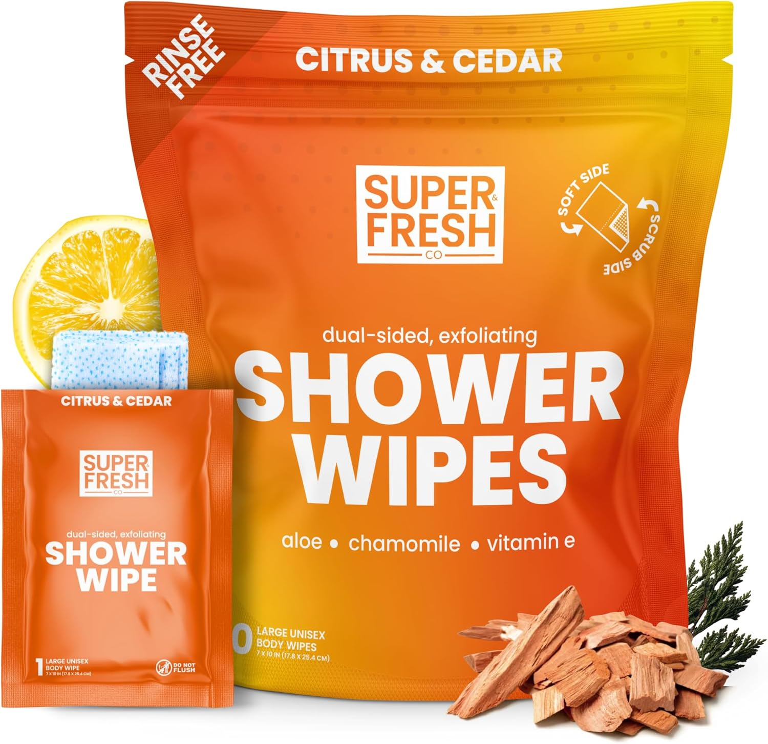 Super Fresh Shower Wipes Large Citrus & Cedar Body Wipes for No Rinse Bathing Personal Hygiene Gym Travel or Camping Enriched with Aloe and Vitamin E 10 Individually Wrapped Disposable Sheets image number 3