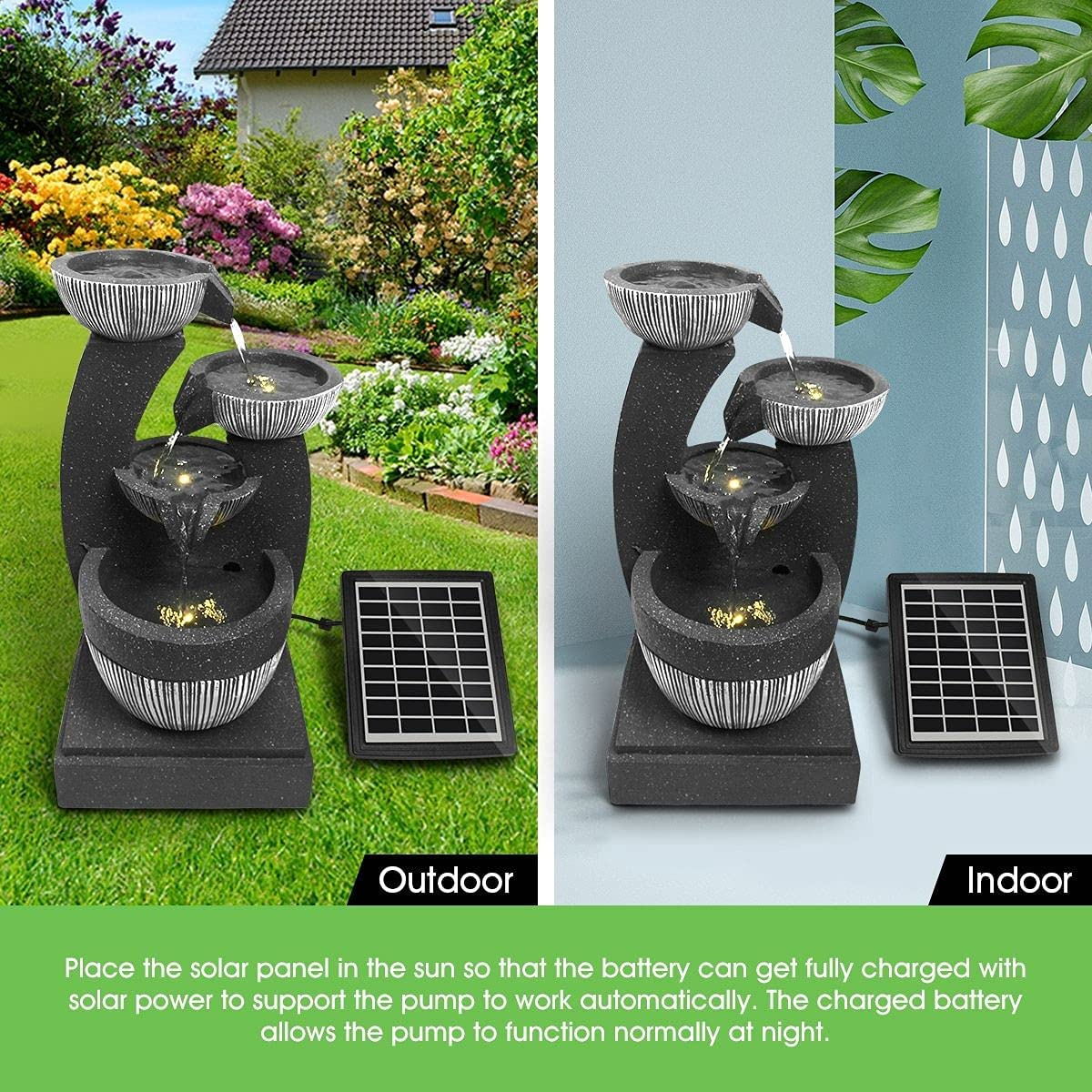 4-Tier Solar Water Fountain Garden Features Outdoor Indoor Bird Bath with LED Light Grey image number 2