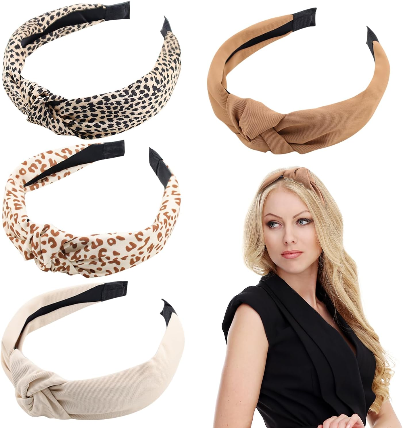 Tyafzzn Pack of 4 Headbands for Women, Elastic Headbands, Cute Headband Girls, Leopard Print Headband, Wide Knot Hairband, Non-Slip, Fashionable image number 2