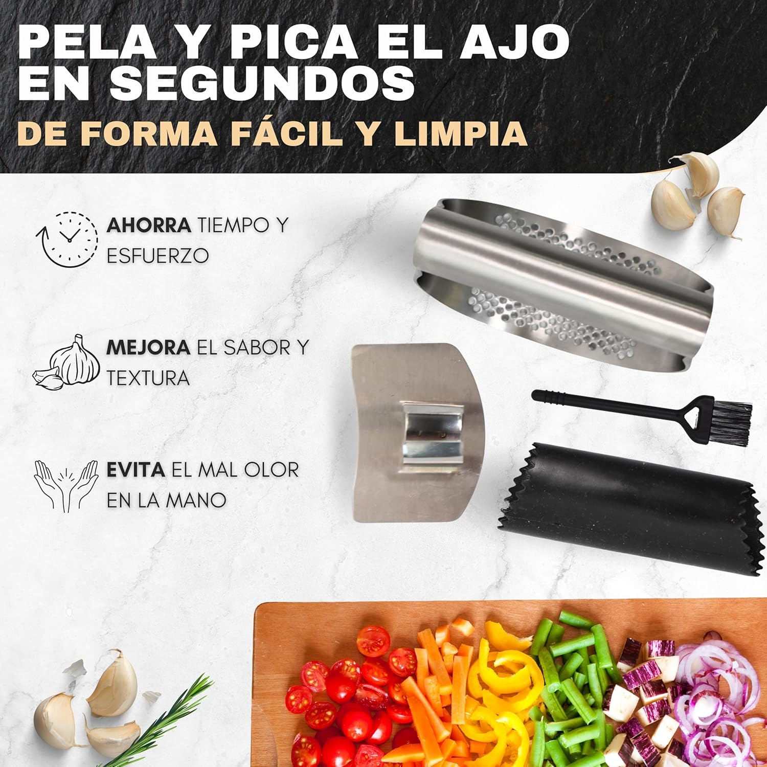 Garlic Press Stainless Steel Garlic Mincer Gifts: Silicone Garlic Peeler, Finger Cut Protector and Cleaning Brush image number 3