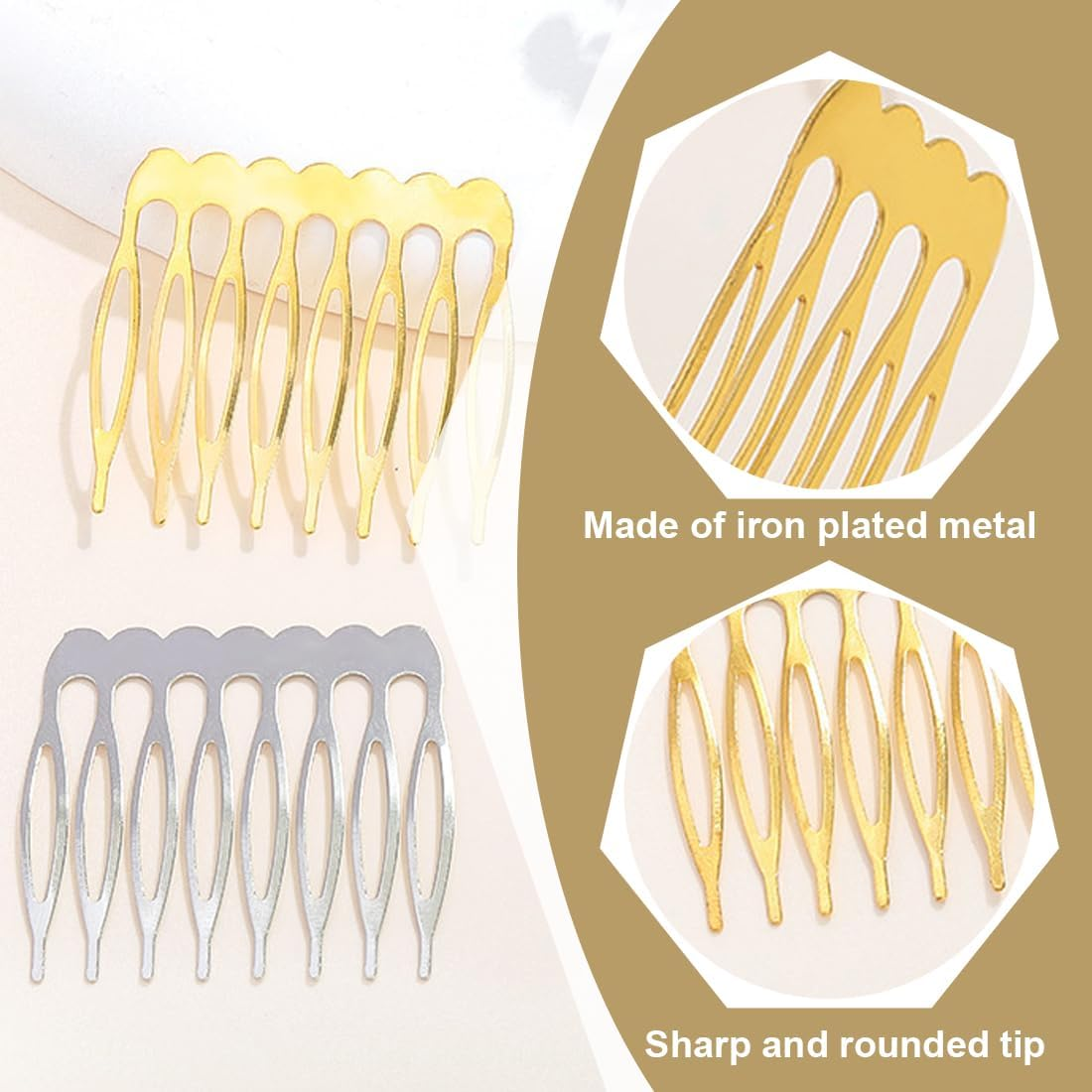 20 Metal Side Combs (10 & 8 Teeth) for Veil Combs French Hair Combs with Teeth for Women with Silver Gold Bun Clip image number 2