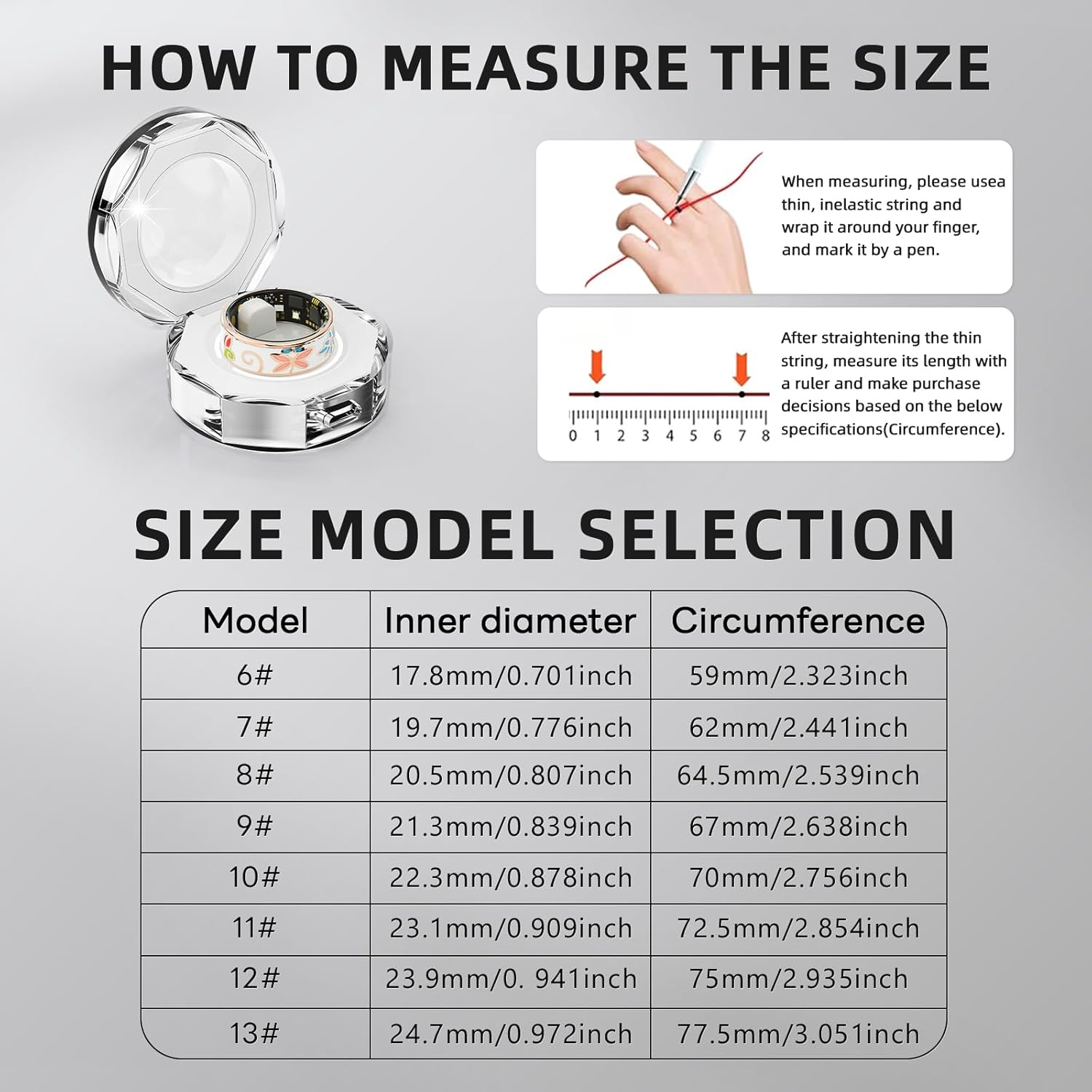 Smart Ring for Men & Women Activity Tracker 5-7 Days Battery Life Crystal Charging Case Multi-Sports Mode IP68 Waterproof Andriod and Ios(12) image number 3