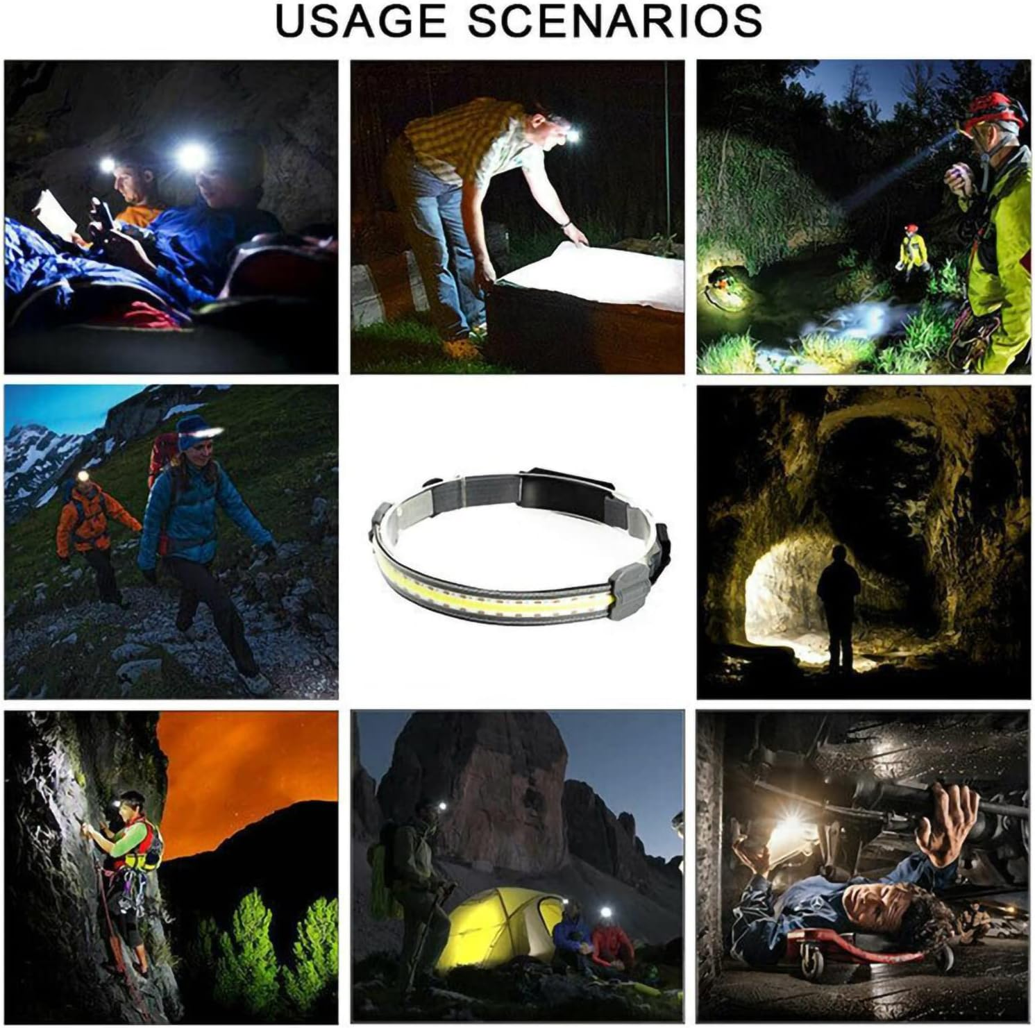 LED COB Head Torch USB Rechargeable 230&deg; Wide Beam 350 Lumen Super Bright Headlamps with Rear Red Warning Light 3 Modes Lightweight Waterproof Headlight for Running Hiking Camping image number 6