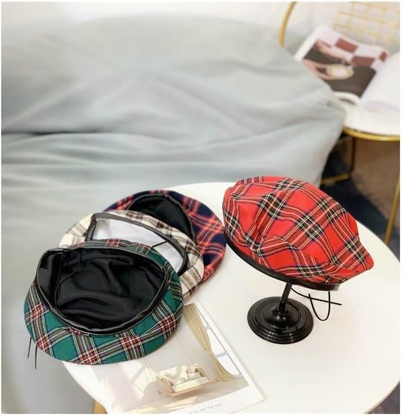 Plaid Beret Hat Check Beanie Cap Retro Red Checkered Beret (AU, Alpha, One Size, Red) image number 2