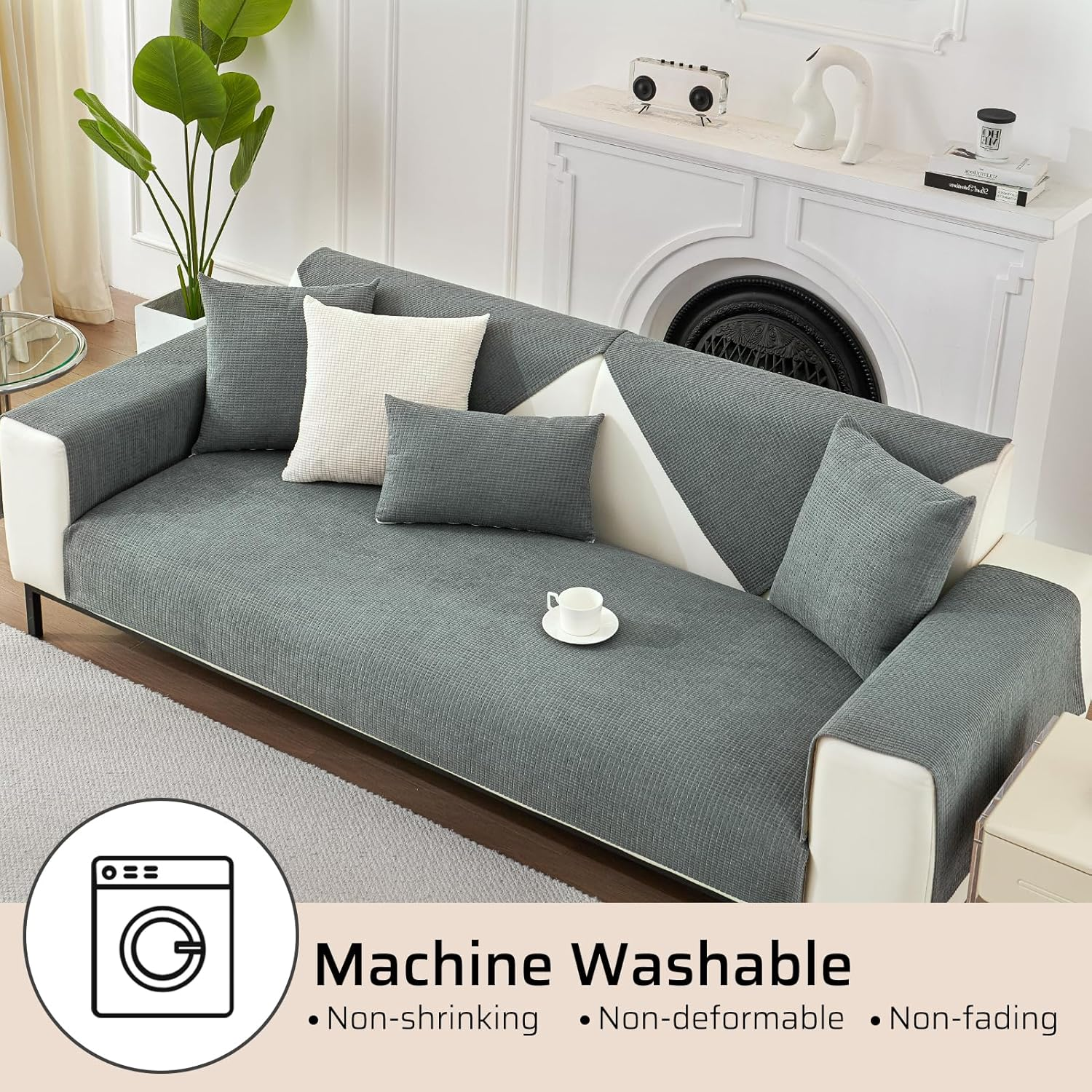 Anti-Scratch Couch Cover, Waterproof Sectional Couch Slipcover, Sofa Cover for Pet, Cover for 3 Cushion Couch Jacquard Fabric, Love Seat, Non Slip,Breathable,1 Pc 36''X94'' Size, Grey. image number 5