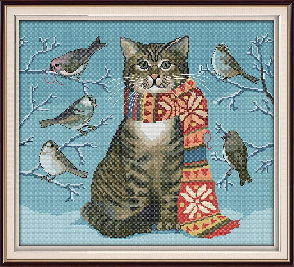 Abillyn Embroidery Cross Stitch Kits Cat and Birds Stamped with Printed Pattern Starter Kit (Cat and Birds)