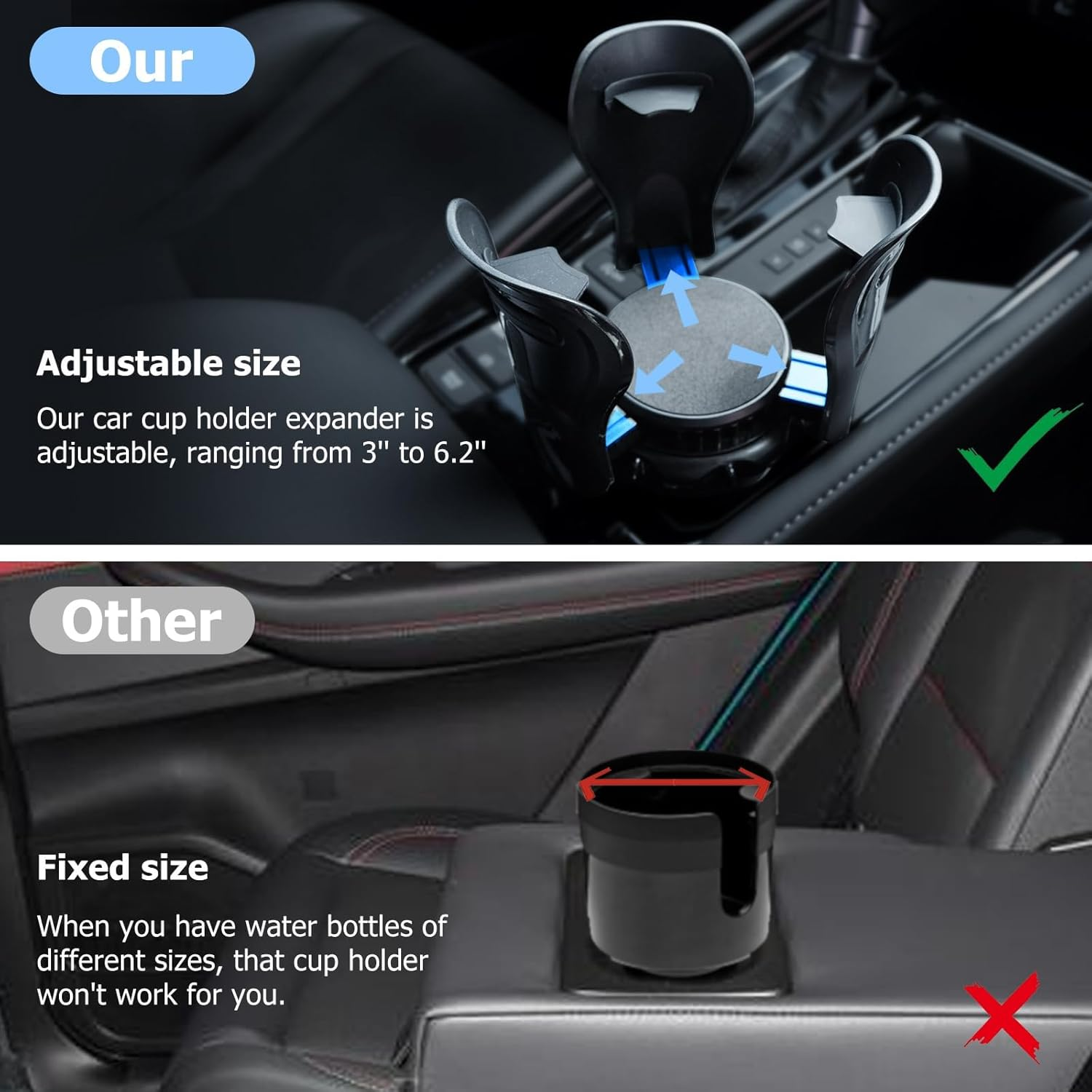 Car Cup Holder Expander, Cup Holder Expander Fits 12-64 Oz and Big Bottles Mugs in 3-6.2'', Expandable Cup Holder for Car, Truck, RV, SUV