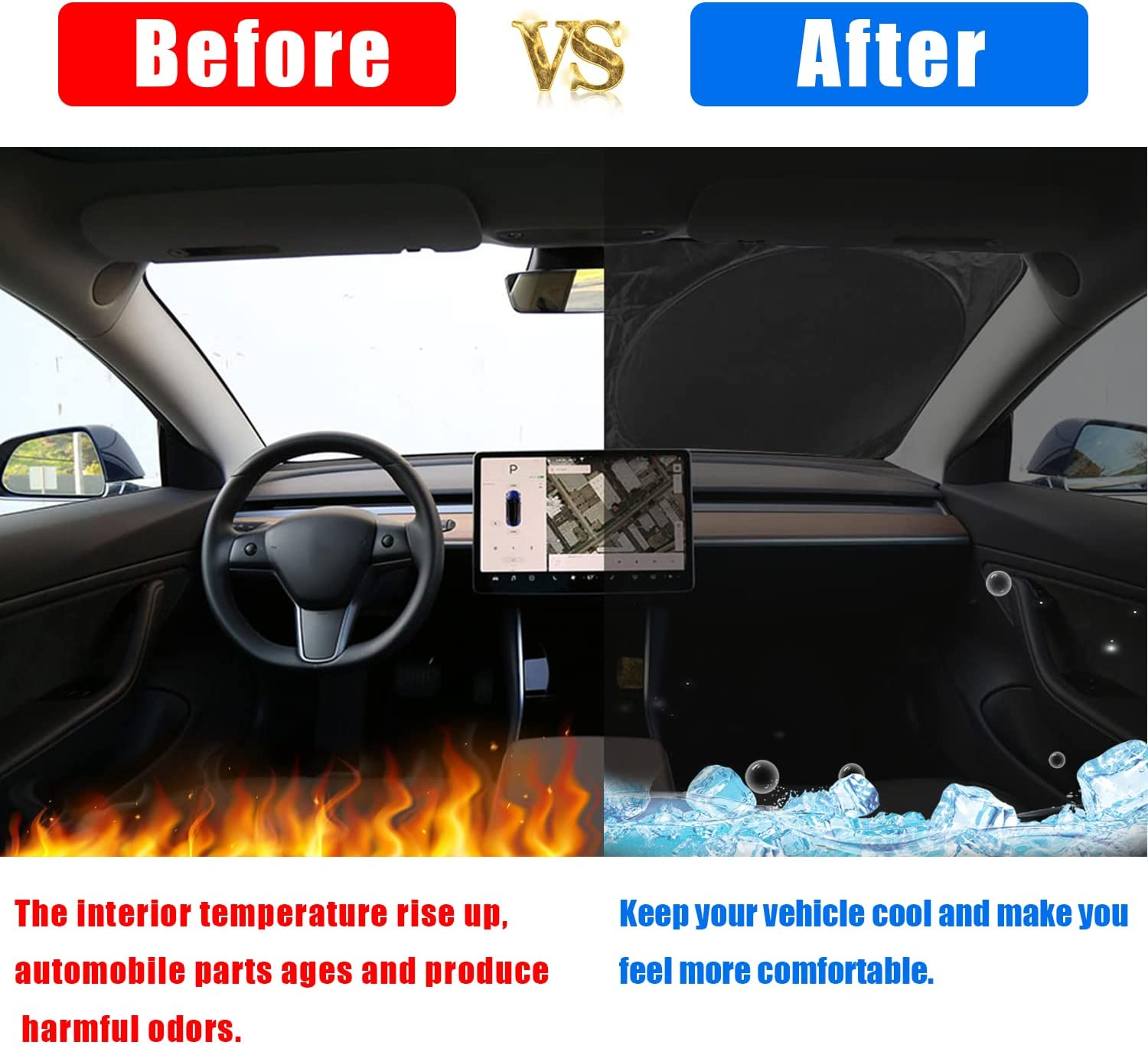 Sunshade for Tesla Model Y Juniper 2026 2025, Front Windshield, Double Layer Light Blocking Fabric, Foldable Sun Shade with a Storage Bag, Accessories for Tesla Model Y