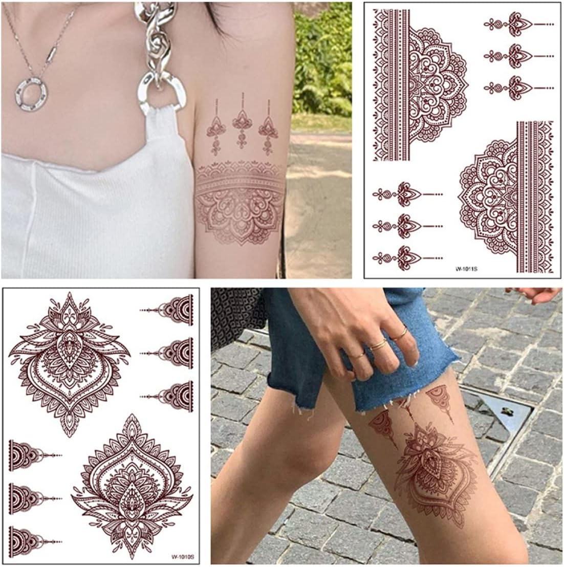 Temporary Tattoos, Henna Tattoos Brown Red Tattoos Sticker Lace Temporary Tattoos Waterproof Body Stickers for Women Girls Body Art 6Sheets image number 2