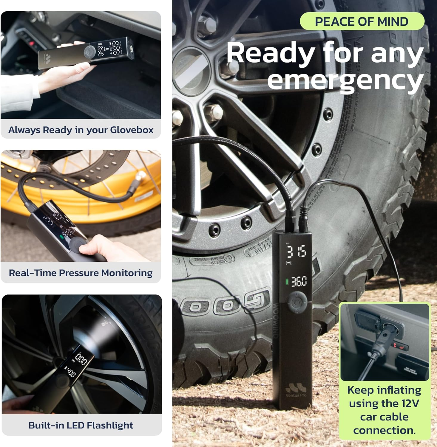 Tyre Inflator Portable Air Compressor for Car, Bike, Motorcycle, SUV, Offroad & Truck - Fast Car Pump, 150 PSI, Cordless & 12V DC, Auto Shut-Off, LED Display & Emergency Light by Woowind