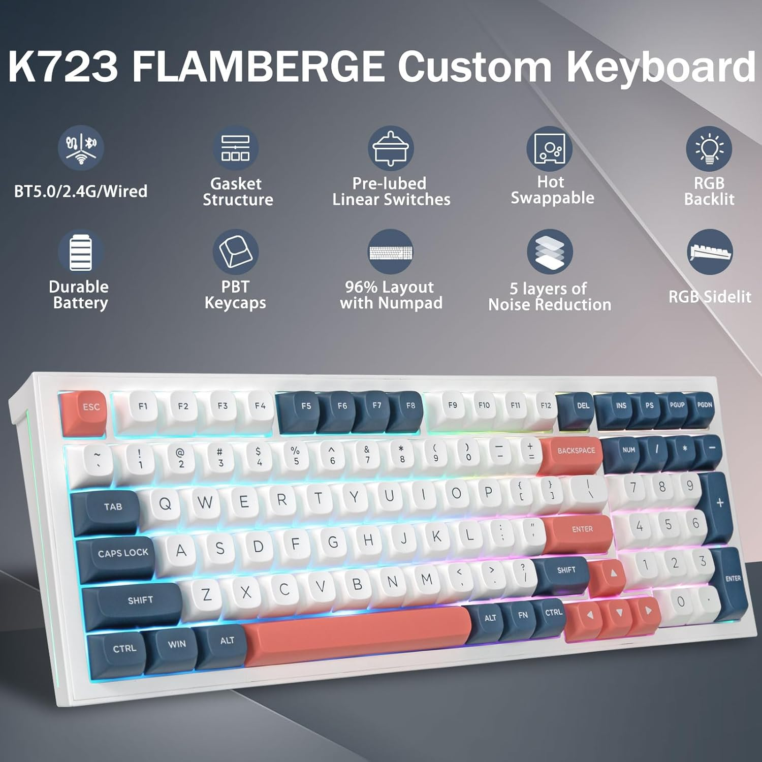 Redragon K723 Wireless Mechanical Gaming Keyboard, Hot Swappable Pre-Lubed Linear Switches, Gasket Design, Bluetooth/2.4Ghz/Usb-C, Creamy Sound, RGB Backlit for Pc/Mac/Ps/Xbox, White Blue - White-Grey image number 3