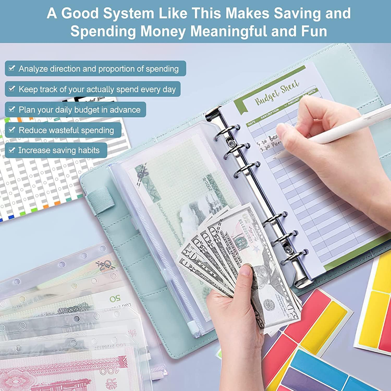 Budget Binder with Cash Envelopes for Budgeting, A6 Size, 12Pcs Budget Planner, Zipper Envelopes (Blue-White) image number 6