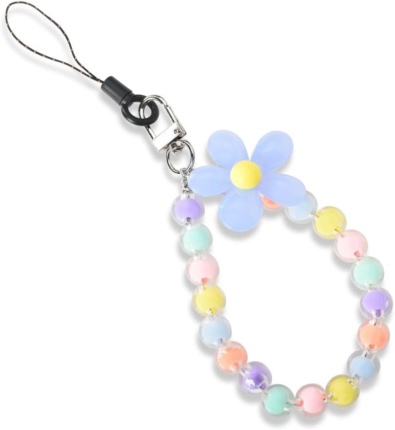 Cell Phone Chain Wrist Strap for Case Keychain - Pink Flower Beaded Lanyard Accessories Bracelet Wristlet for Women Ladies - Birthday Graduation Gifts for Friends
